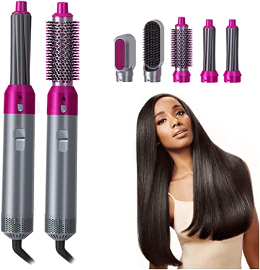 5 in 1 Hair Dryer Brush – Electric Blow Dryer, Straightener & Curling Wand Kit with Detachable Brushes (Random Color)