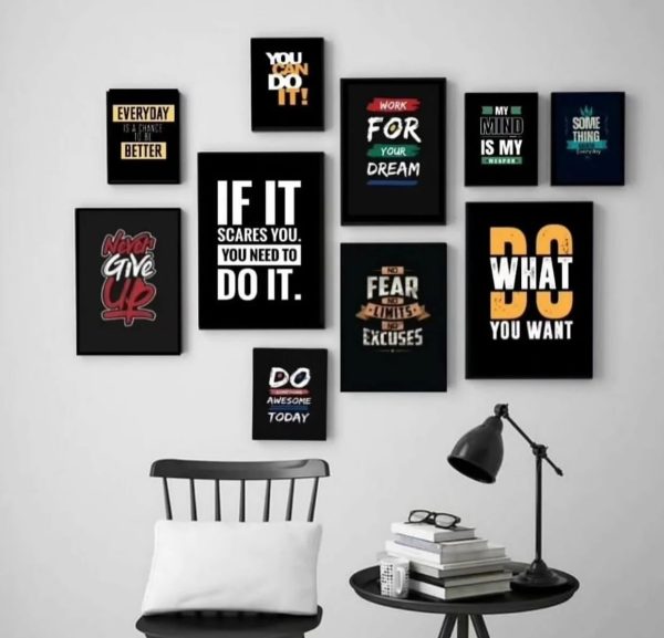 Motivational Wall Art – 10-Piece Yellow & Black Wooden Sticky Phototile Frame Set | Modern Home & Office Decor