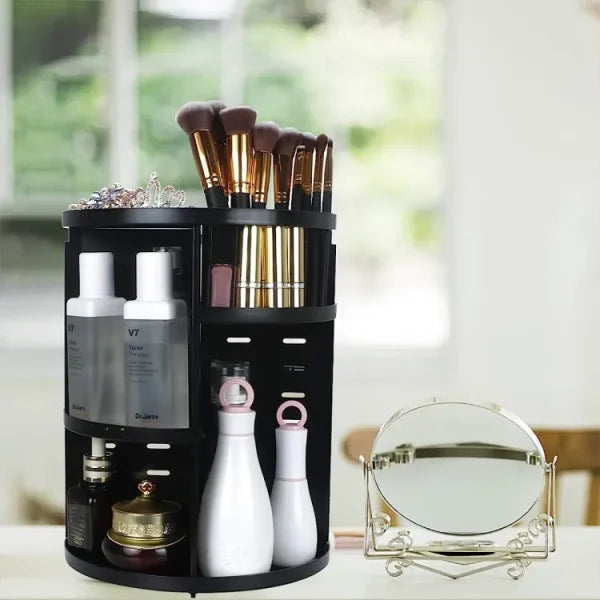 360° Rotating Cosmetic Organizer – Black Makeup Storage Box for Skincare & Beauty Essentials